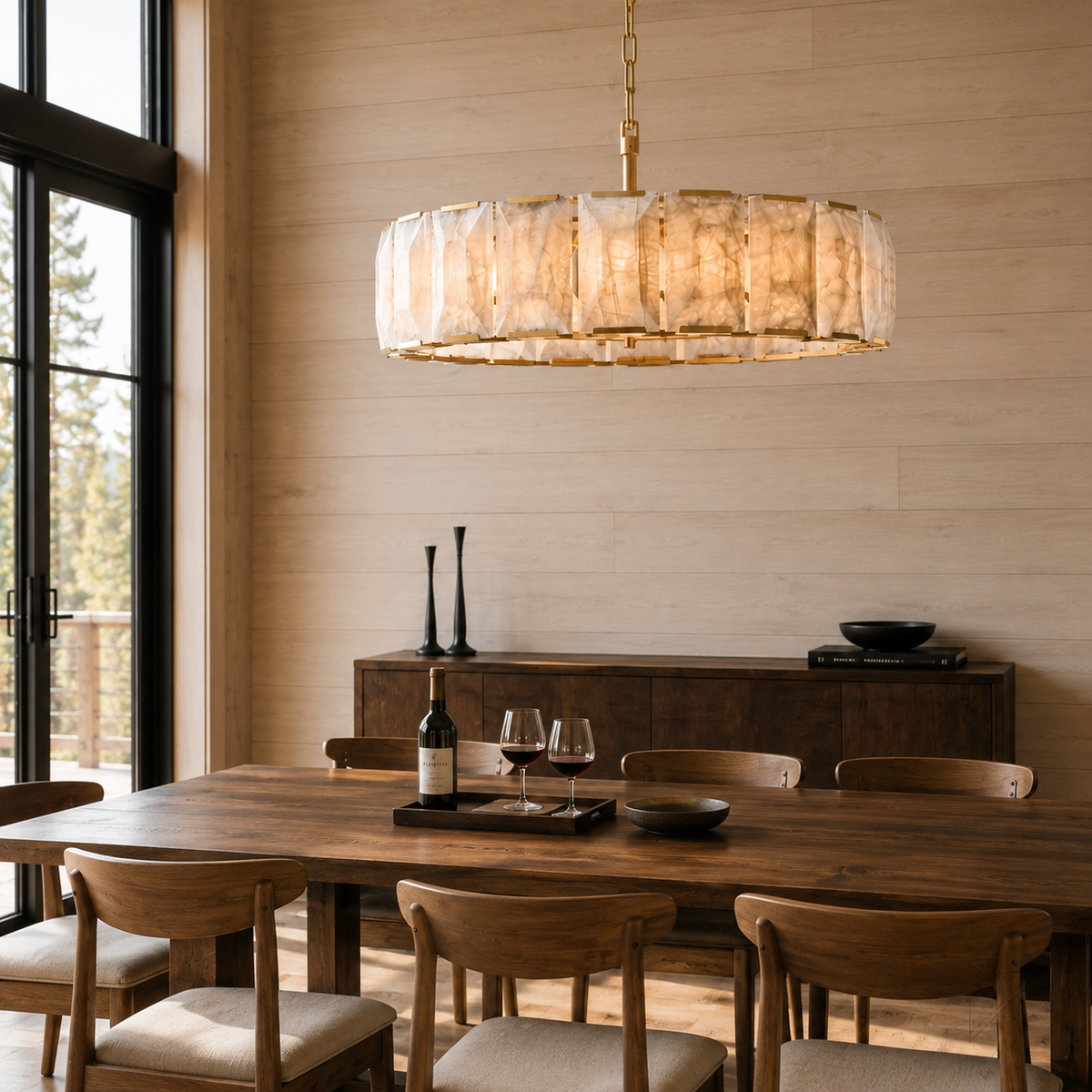 Hadilor Calcite Round Chandelier with Natural Alabaster Stone Shades