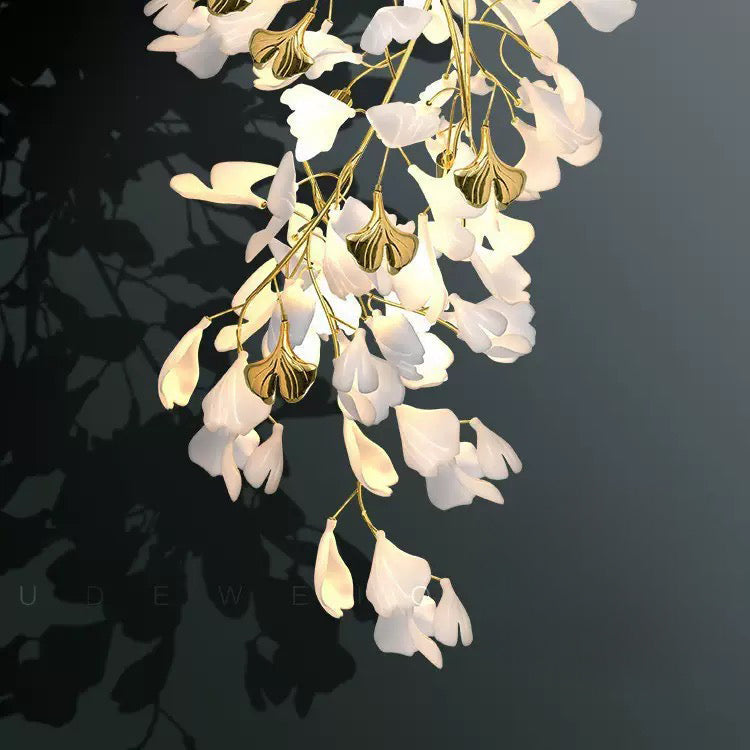 24 Light Gold Chandelier, Luxury Ginkgo Branch Chandelier for Staircase