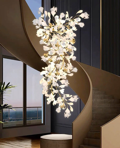 24 Light Gold Chandelier, Luxury Ginkgo Branch Chandelier for Staircase
